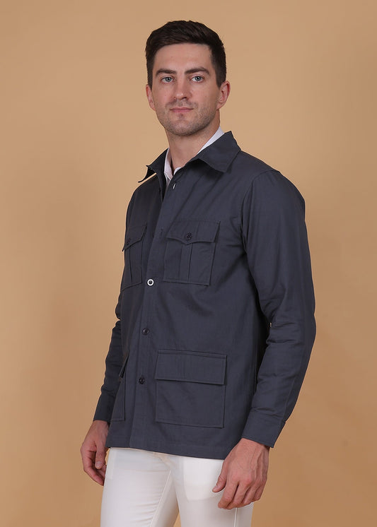Fabium Fashion Slate Prestige Utility Overshirt shown on a hanger, featuring a sleek slate gray fabric with utility pockets.