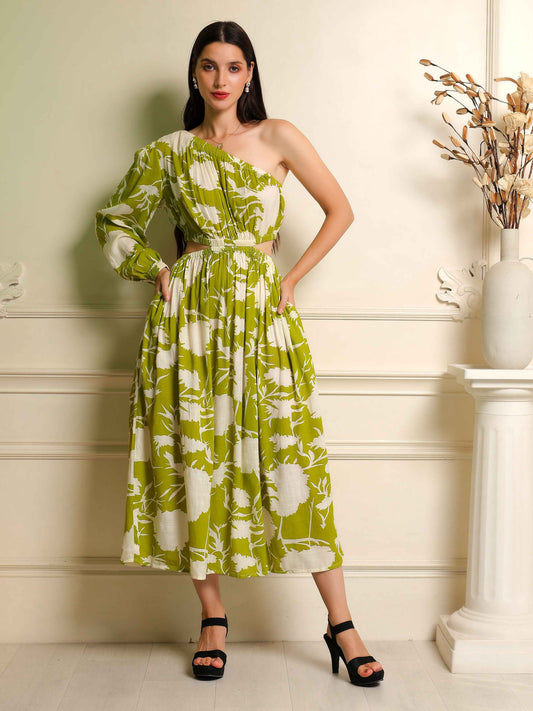 Fabium Elara One-Shoulder Green Floral Midi Dress - Fabium Fashion