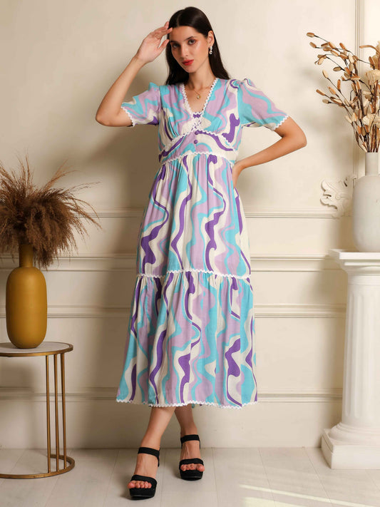Fabium Azure Wave Printed Midi Dress - Fabium Fashion
