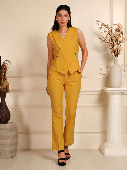 Mustard Yellow Sleeveless Waistcoat & Pant Co-Ord Set for Women - Fabium Fashion