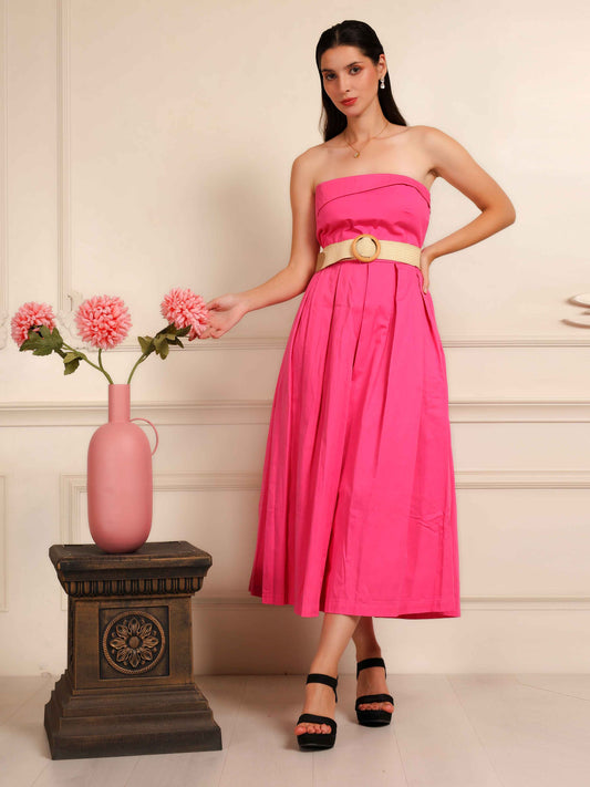 Hot Pink Strapless Midi Dress with Belt - Fabium Fashion