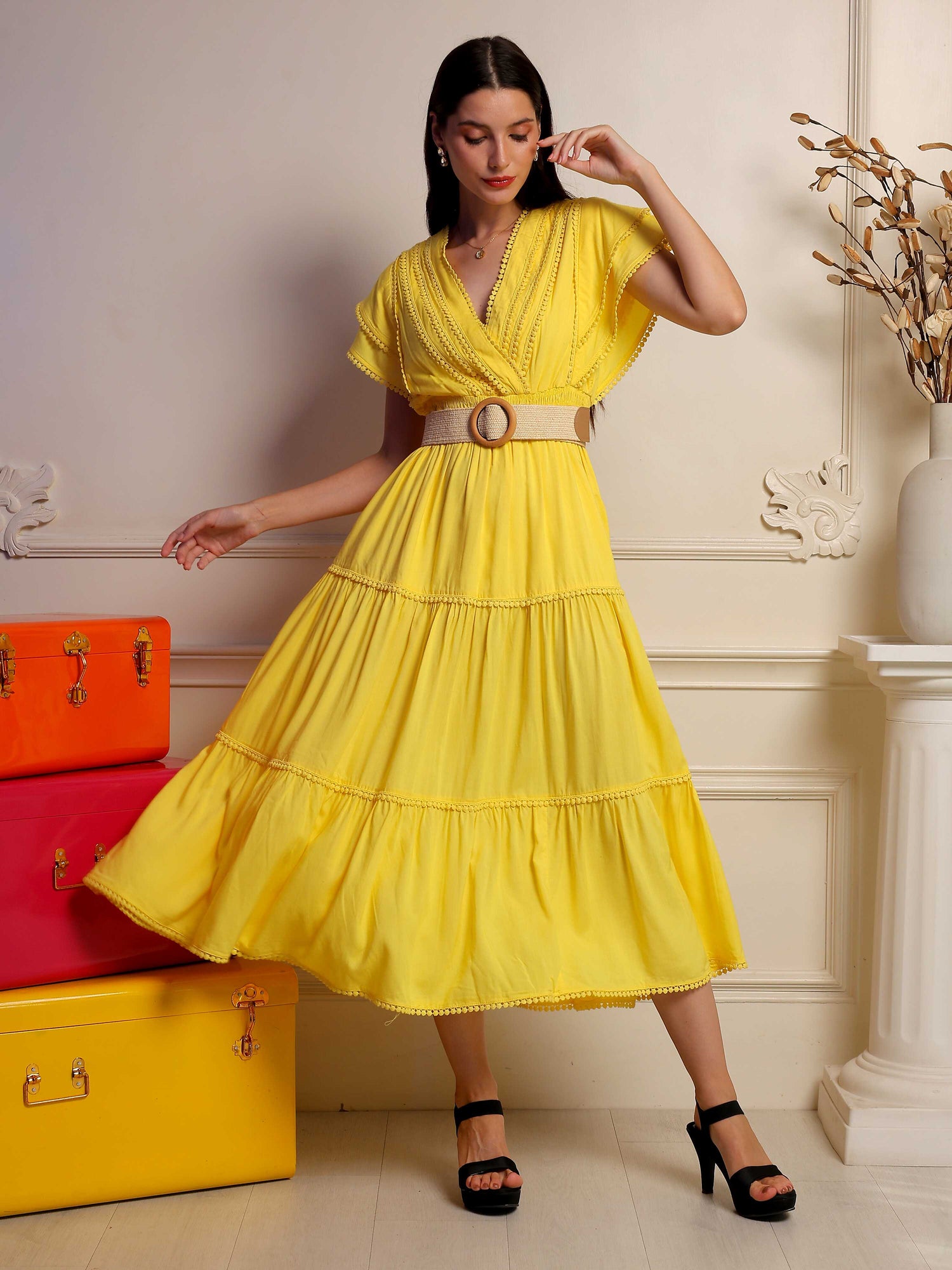 Sunlit mustard midi dress by Fabium Fashion featuring a flowy silhouette and elegant design, perfect for summer or casual wear.