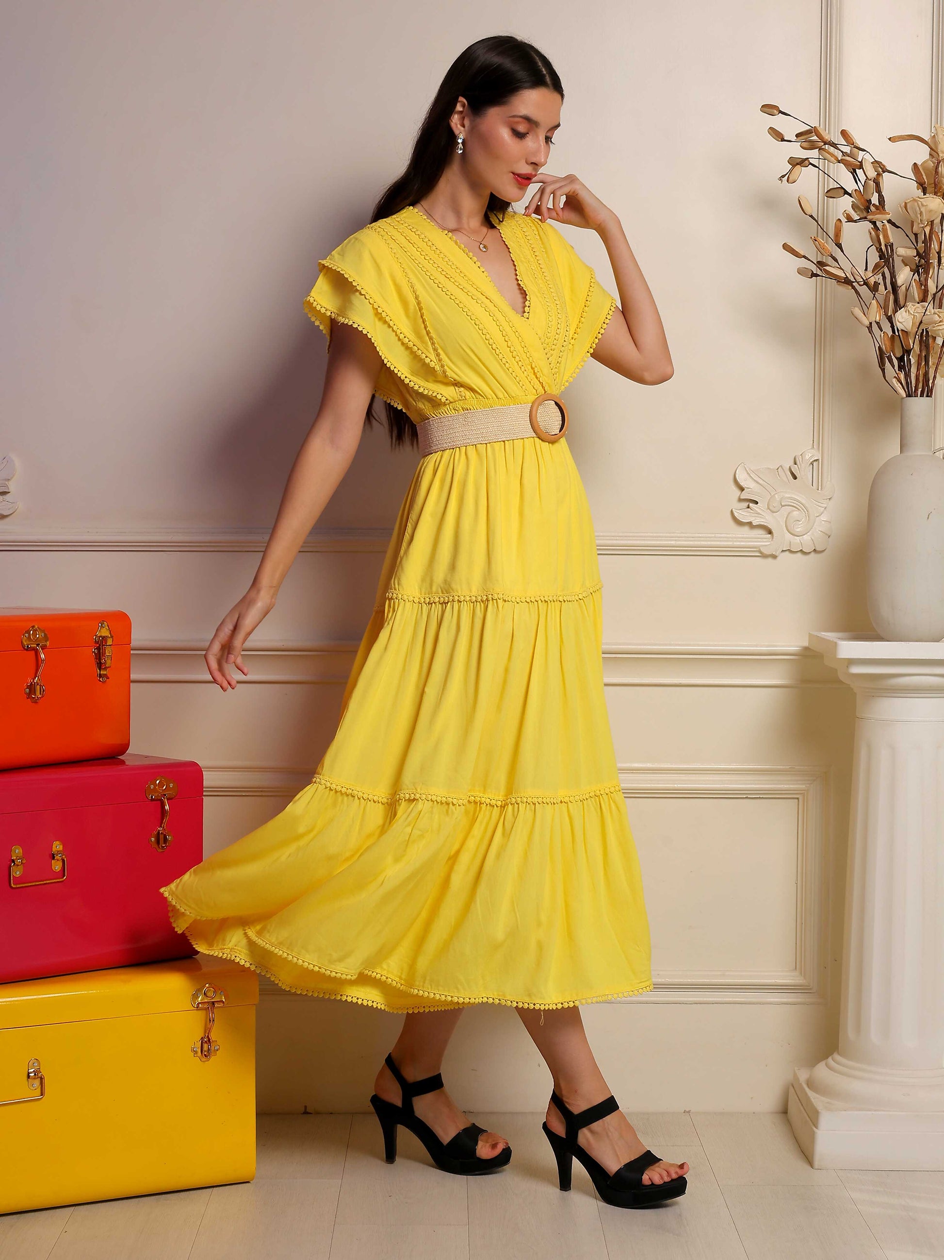Sunlit mustard midi dress by Fabium Fashion, flowing fabric, sleeveless design, and stylish midi length perfect for summer.