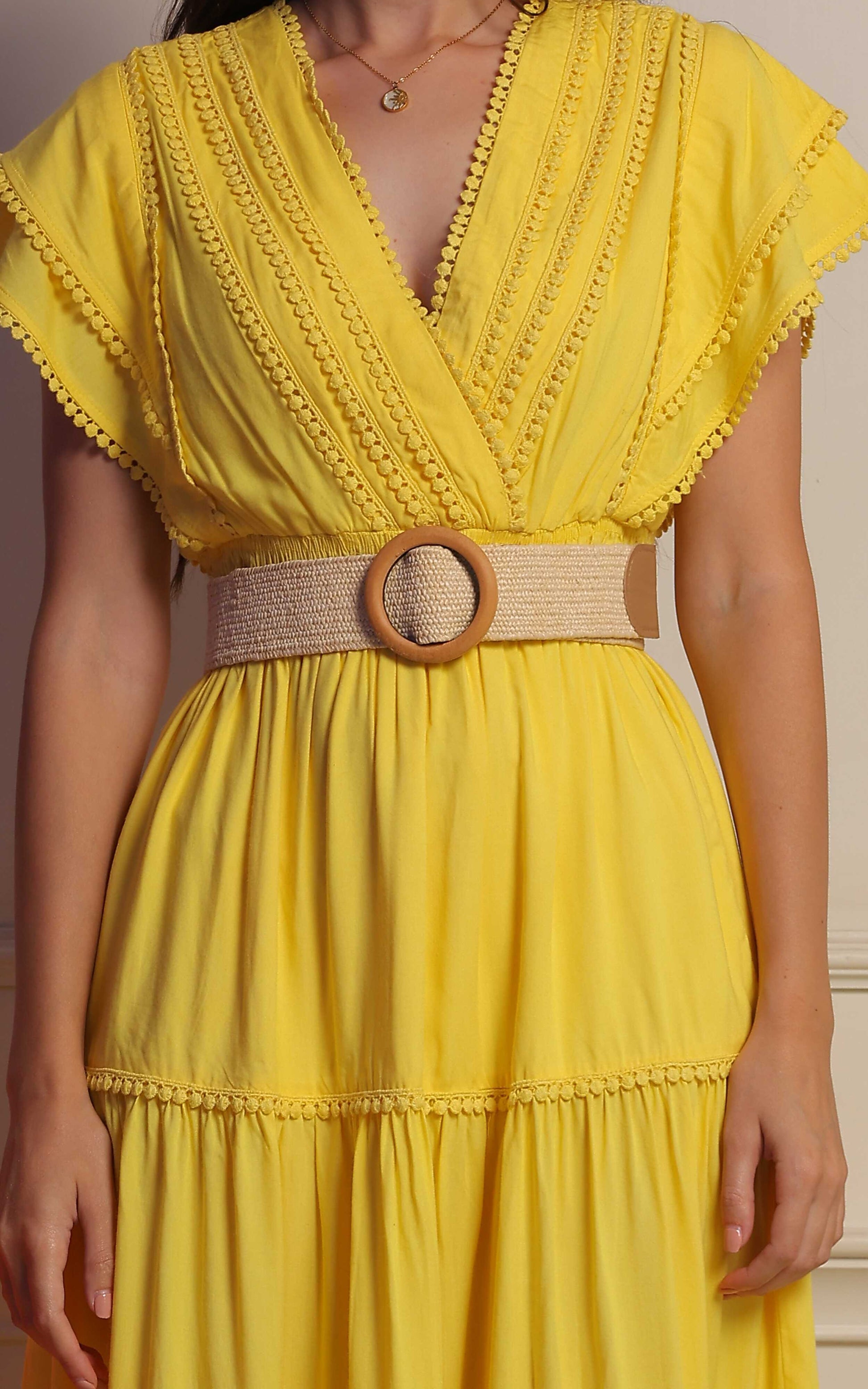 Sunlit Mustard Midi Dress by Fabium Fashion featuring a flowy design and sleeveless style, perfect for warm weather.