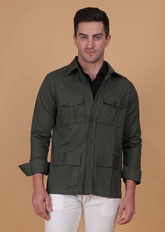 Fabium Fashion Urban Explorer Utility Over-Shirt displayed on a hanger, showcasing its rugged design and multiple utility pockets.