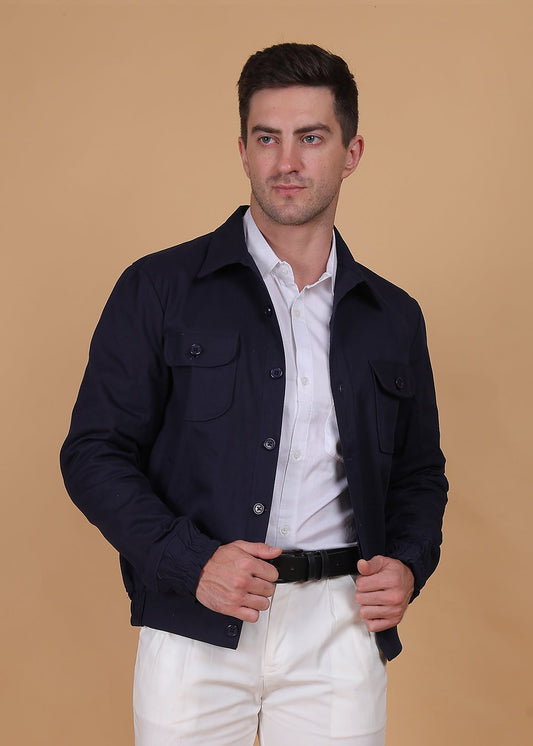 Fabium Fashion Nocturne Navy Jacket shown on a model, featuring a stylish design with a front zipper and tailored fit.