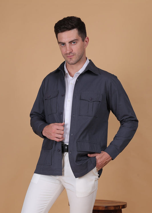 Fabium Fashion Slate Prestige Utility Overshirt displayed on a hanger, showcasing its tailored fit and durable fabric.