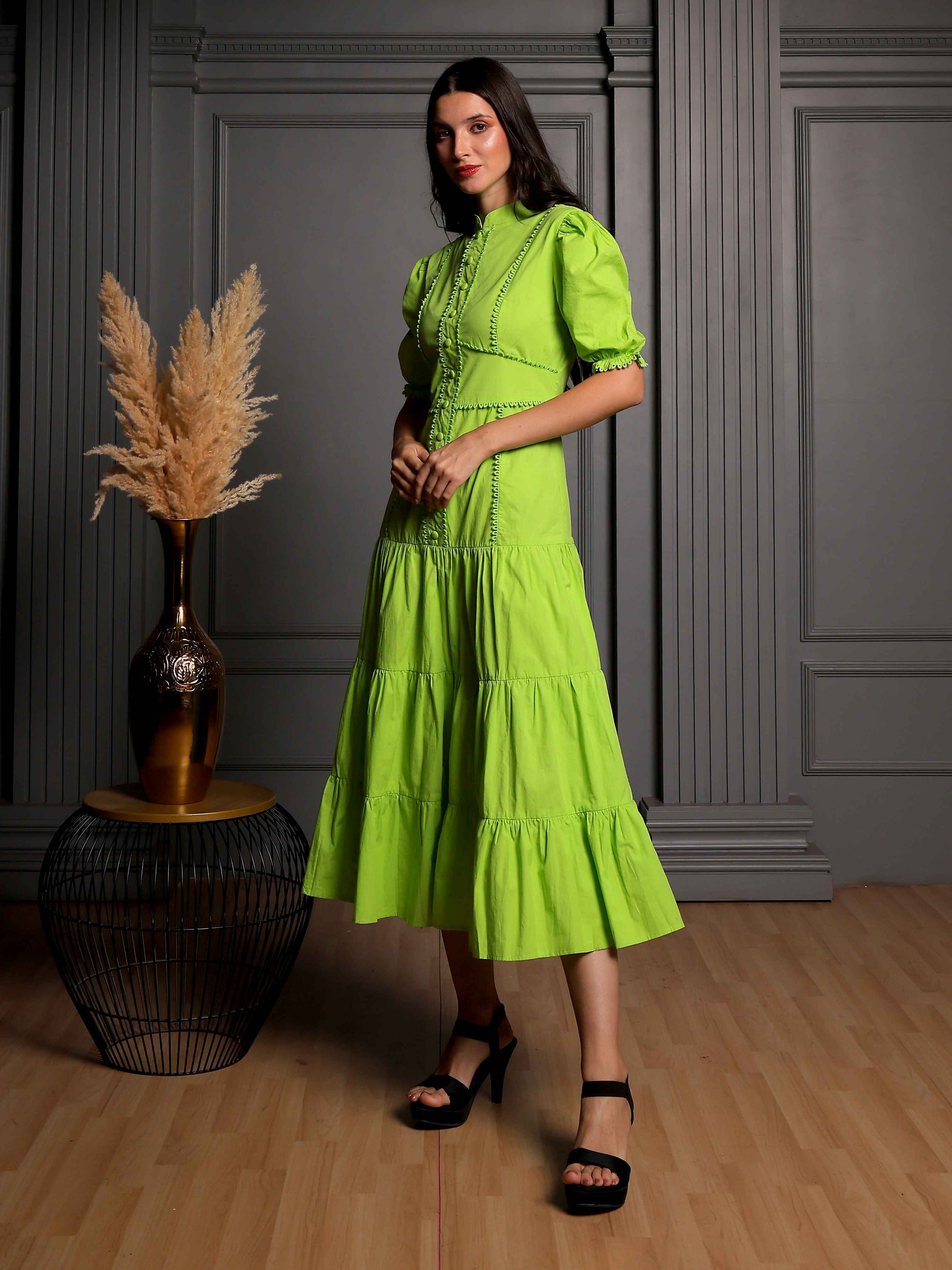 Fabium Aurelia lime green cotton midi dress with puff sleeves for women