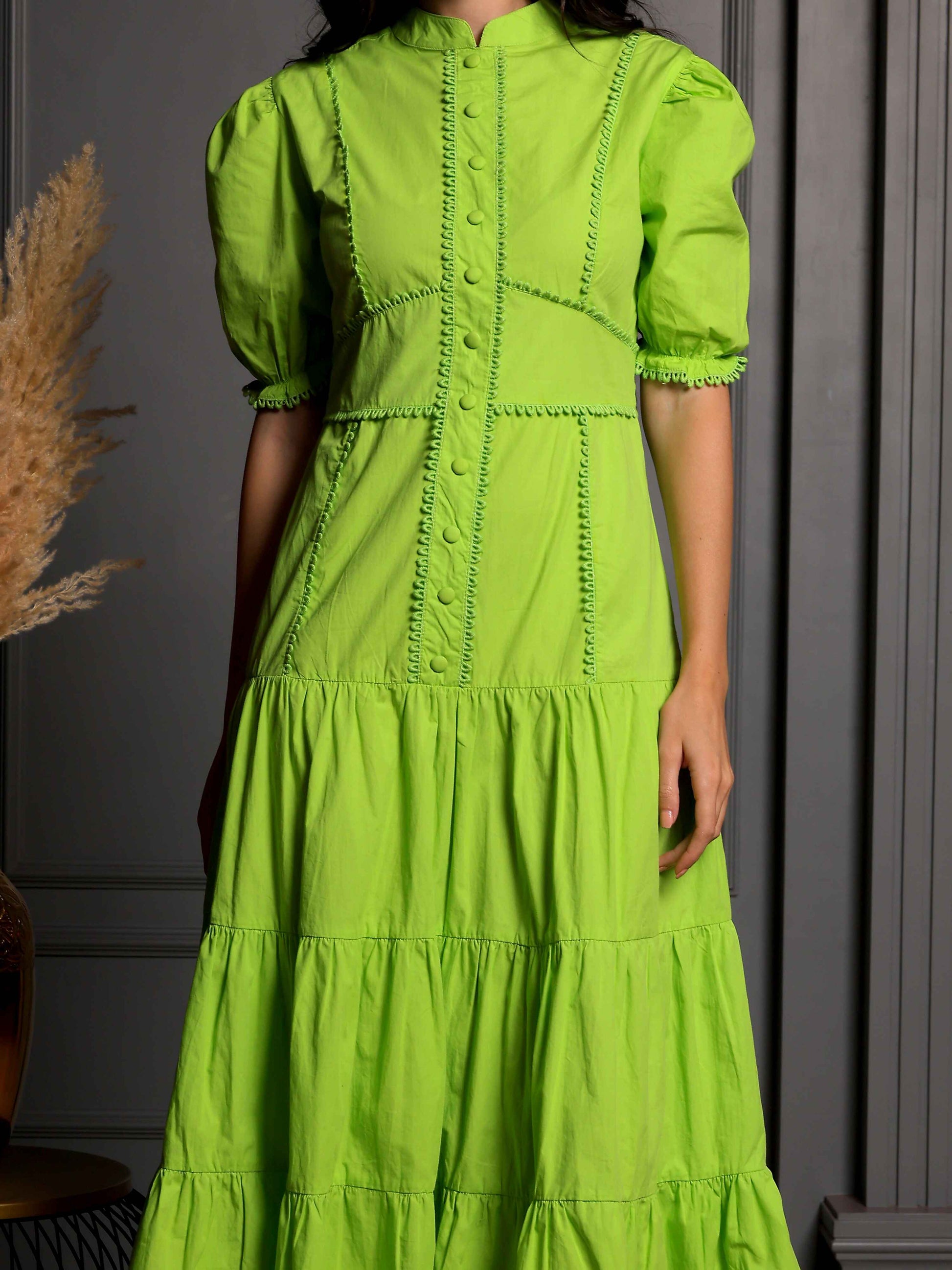 Fabium Aurelia lime green cotton midi dress with puff sleeves for women
