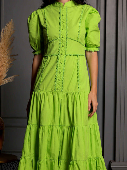 Fabium Aurelia lime green cotton midi dress with puff sleeves for women