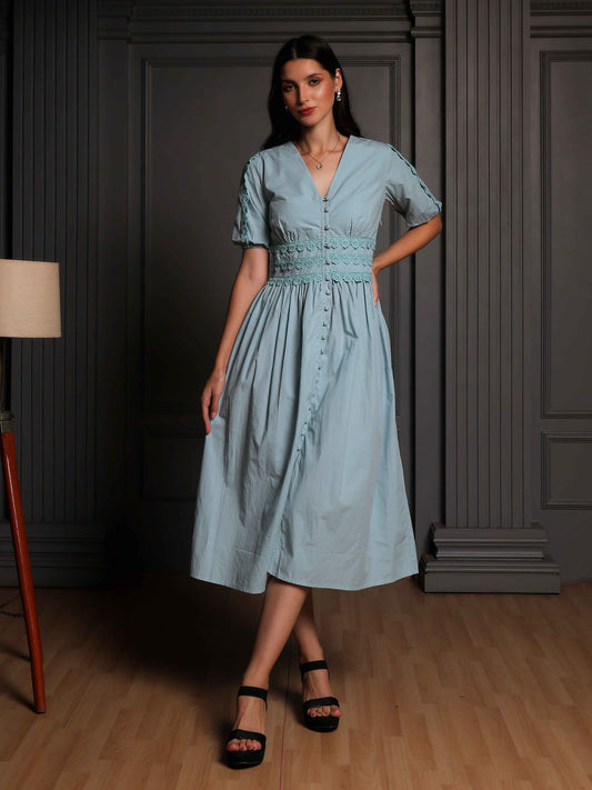 Fabium Sky Blue Smocked Waist Midi Dress - Fabium Fashion