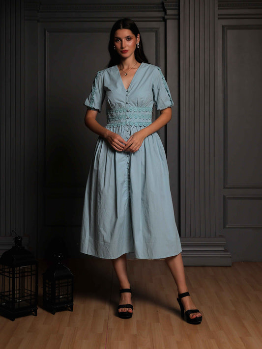 Fabium Sky Blue Smocked Waist Midi Dress - Fabium Fashion