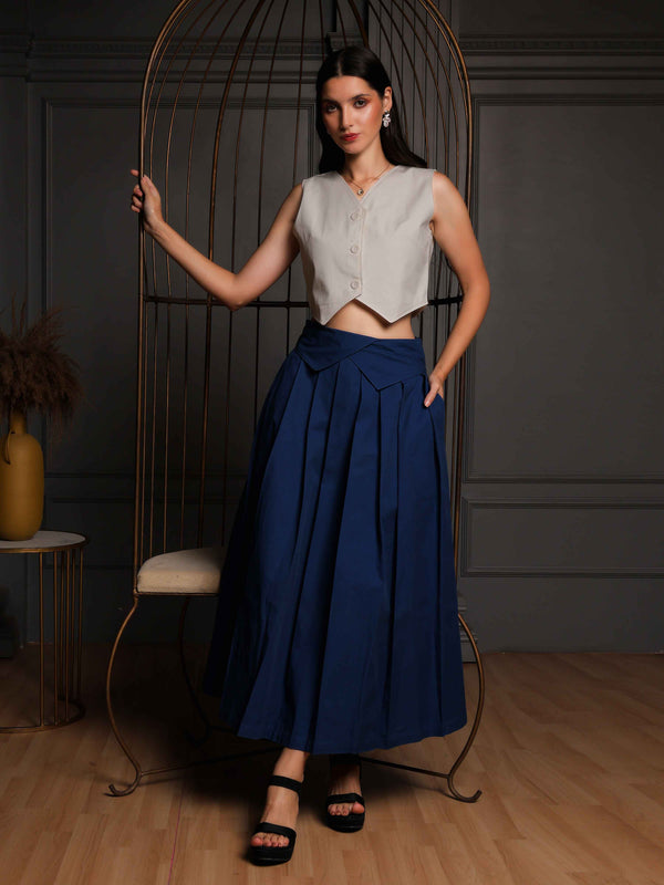Fabium Ivory Buttoned Crop Top & Navy Pleated Skirt Co-Ord Set - Fabium Fashion