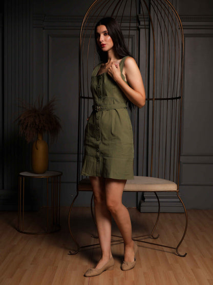 Fabium Olive Green Belted Button-Front Mini Dress - Fabium Fashion