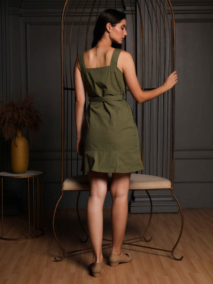 Fabium Olive Green Belted Button-Front Mini Dress - Fabium Fashion