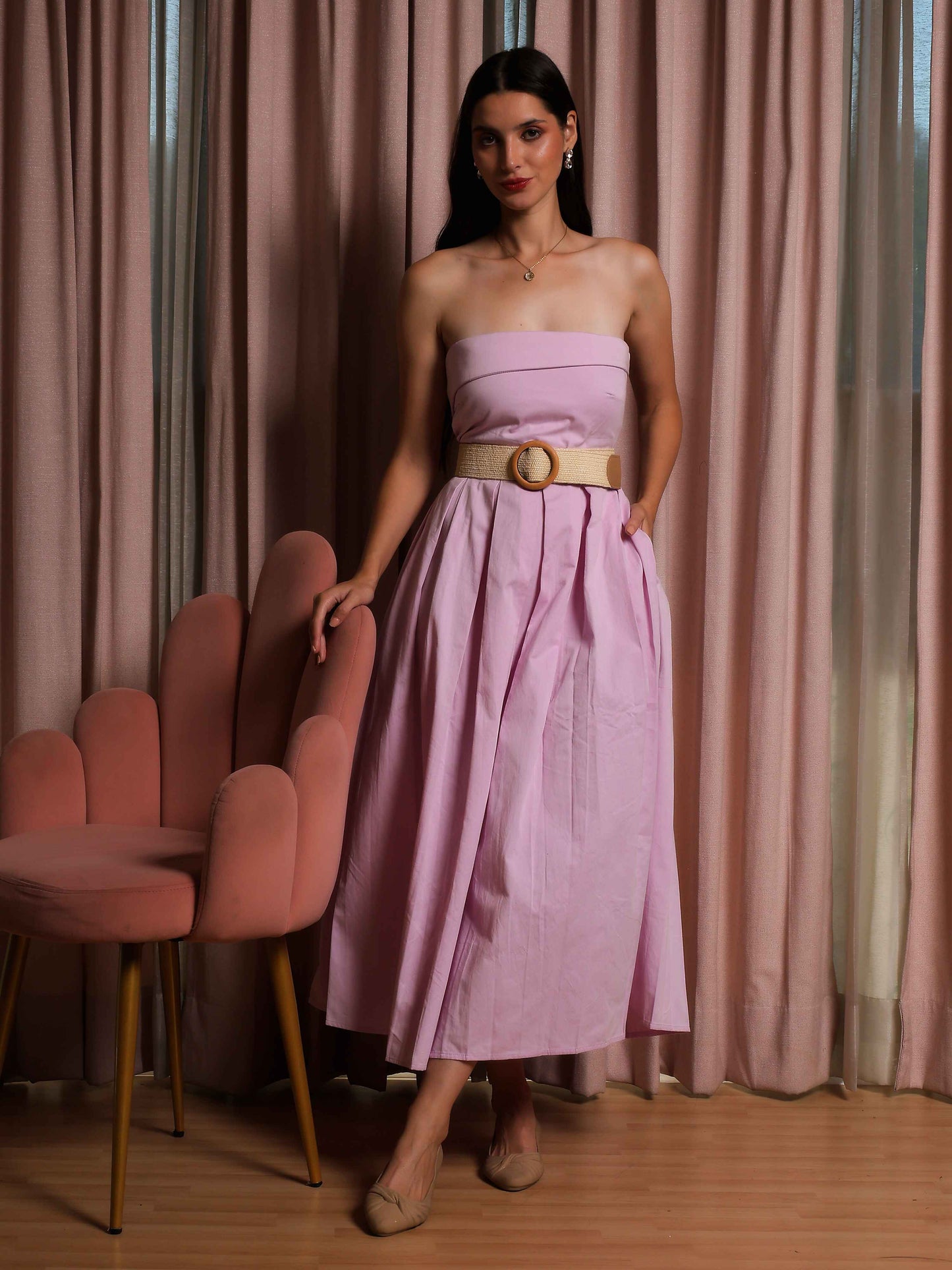 Fabium Blush Pink Strapless Belted Midi Dress - Fabium Fashion