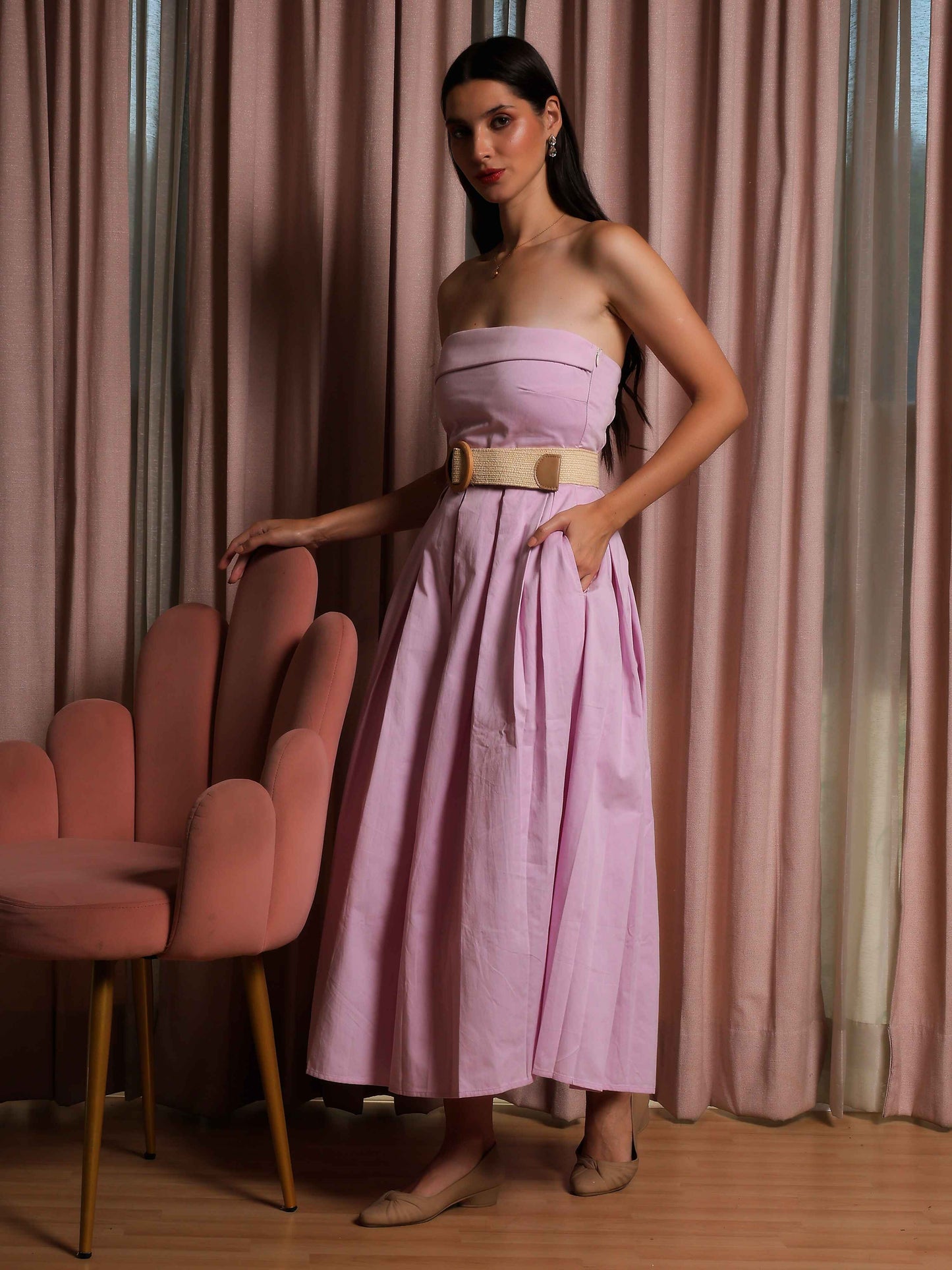 Fabium Blush Pink Strapless Belted Midi Dress - Fabium Fashion