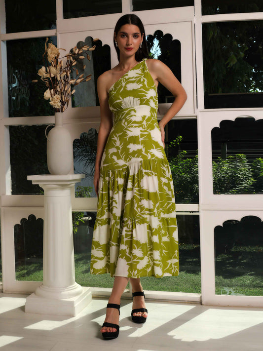 One-Shoulder Botanical Flared Dress - Fabium Fashion