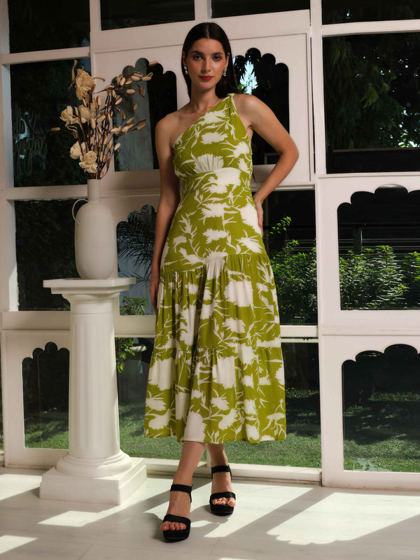 One-Shoulder Botanical Flared Dress - Fabium Fashion