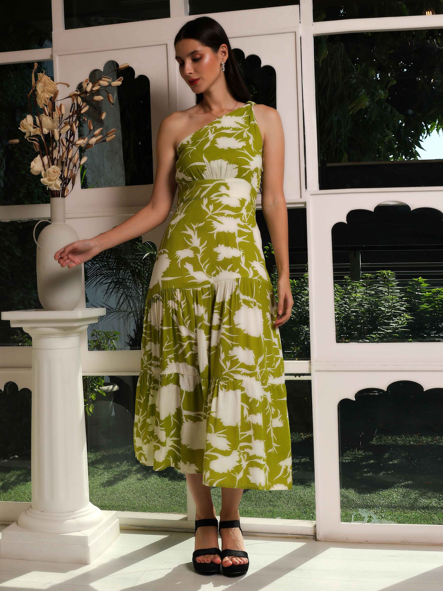 One-Shoulder Botanical Flared Dress - Fabium Fashion