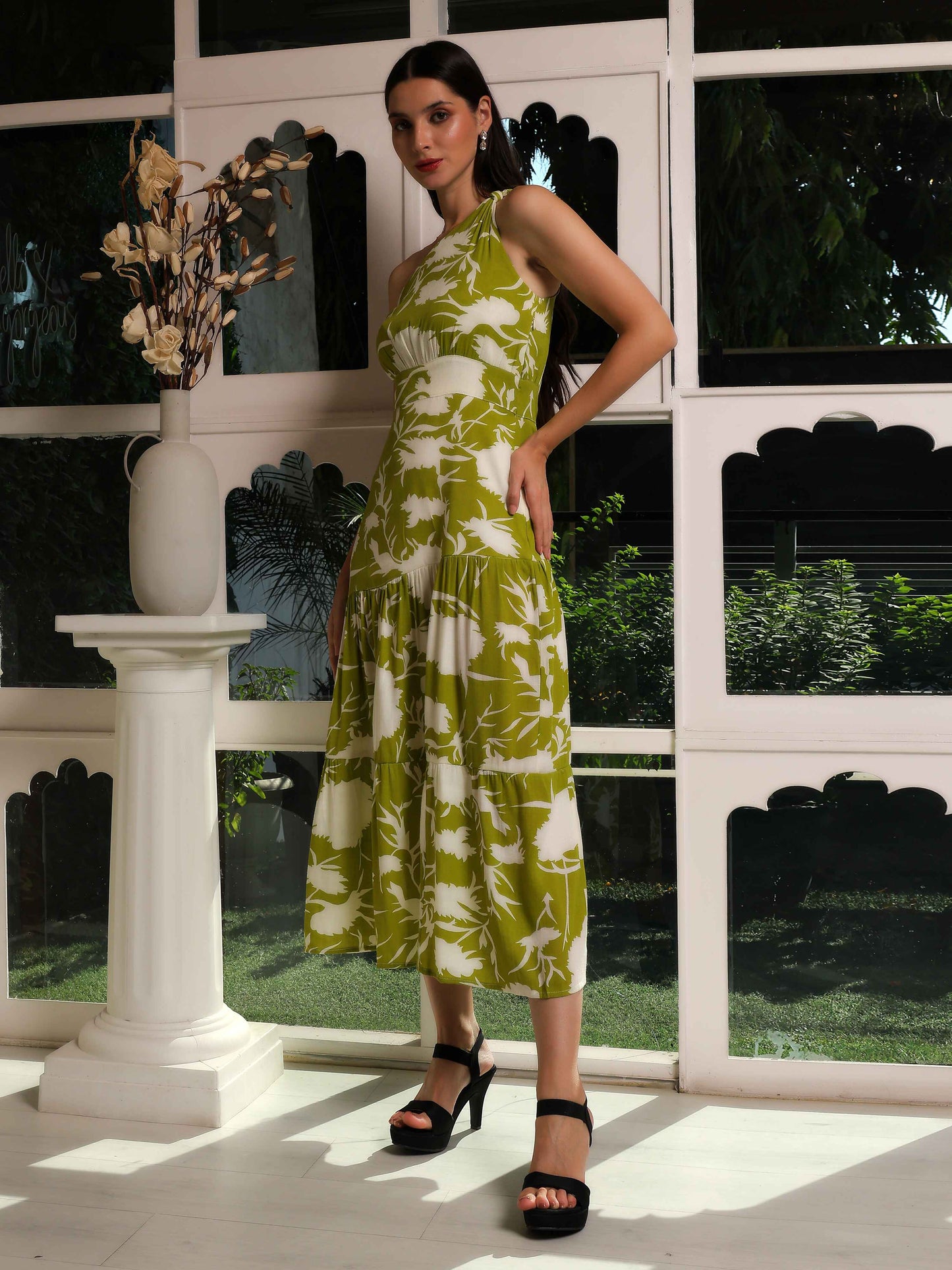 One-Shoulder Botanical Flared Dress - Fabium Fashion
