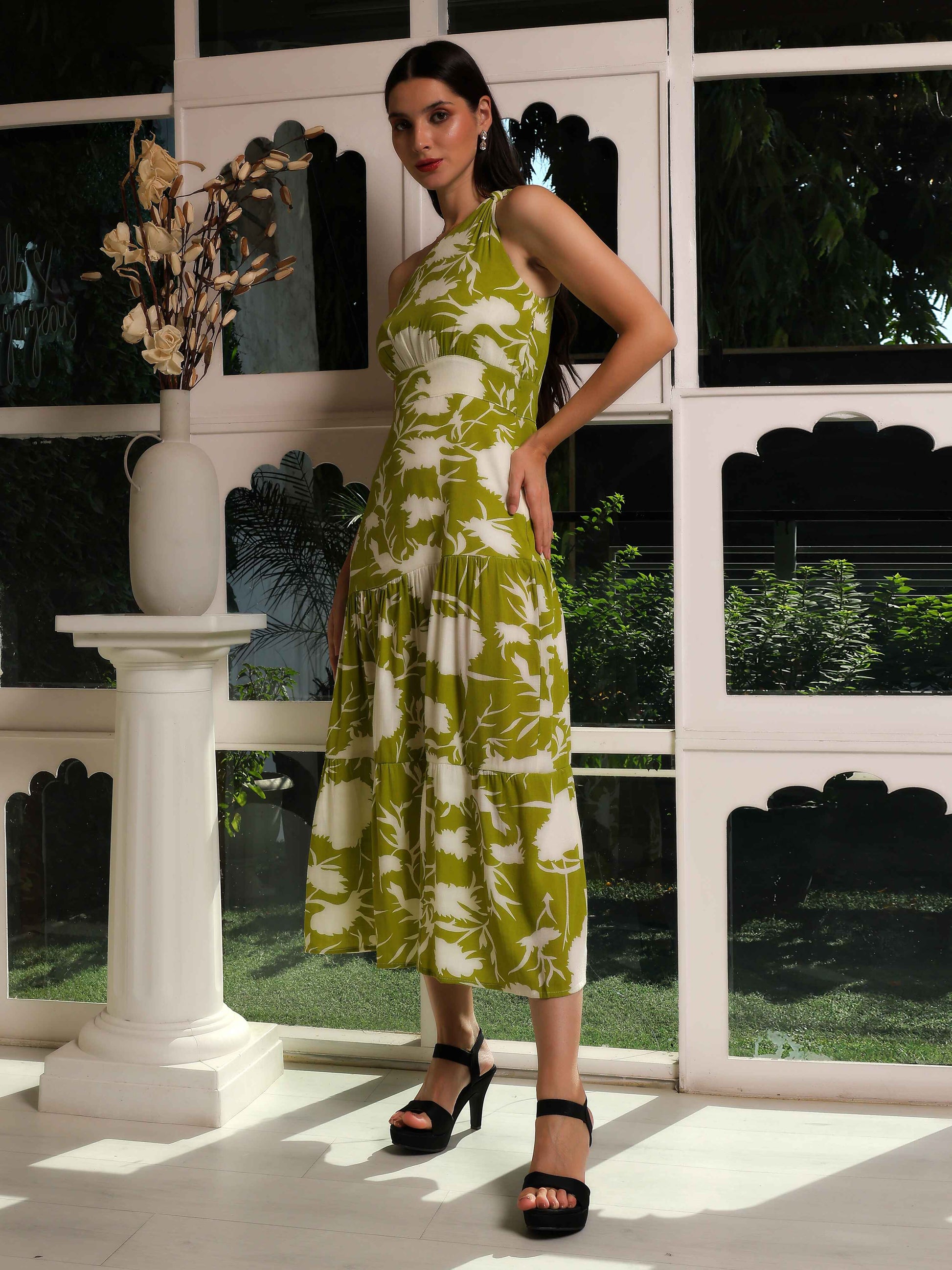 One-Shoulder Botanical Flared Dress - Fabium Fashion