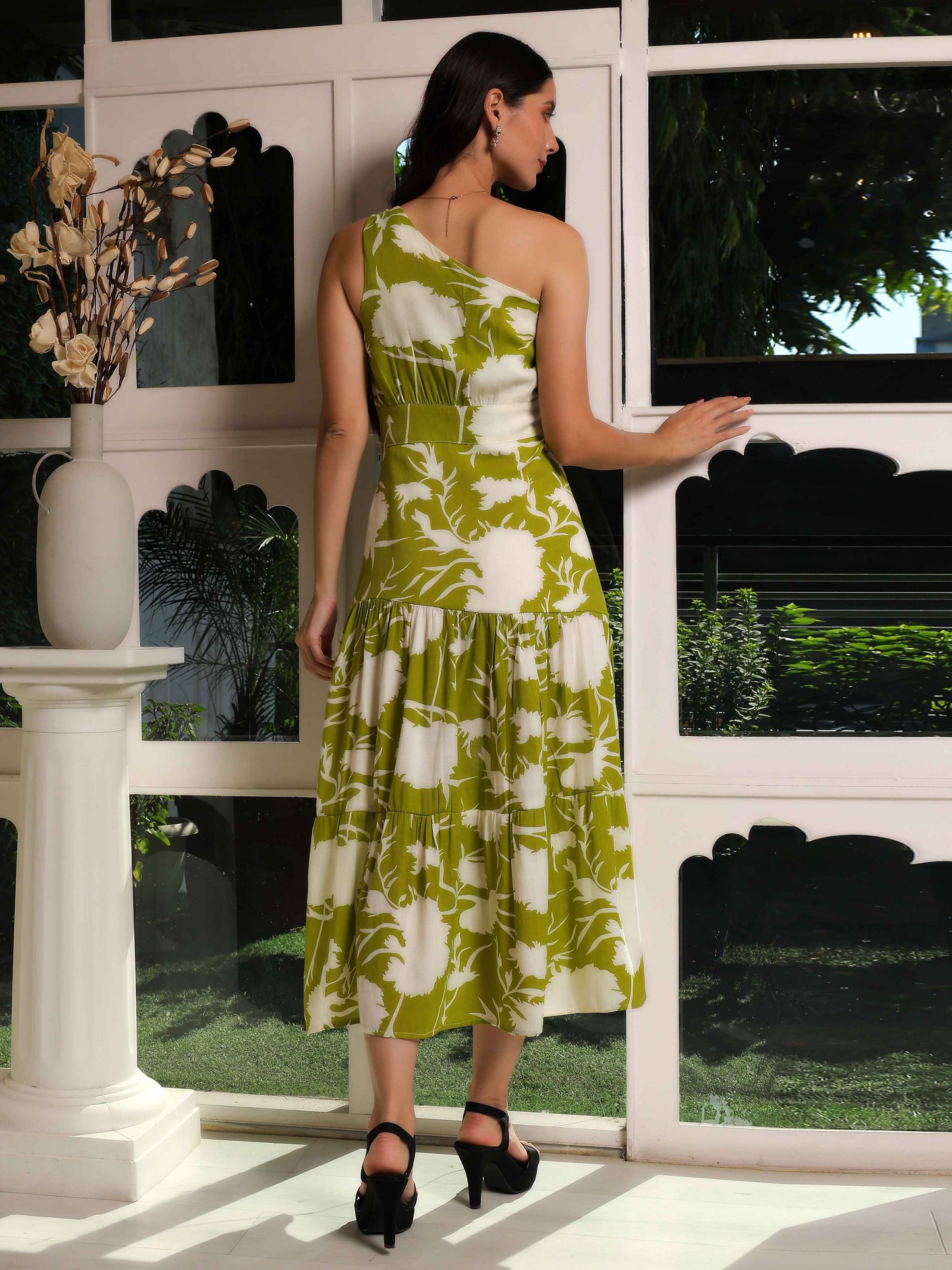 One-Shoulder Botanical Flared Dress - Fabium Fashion
