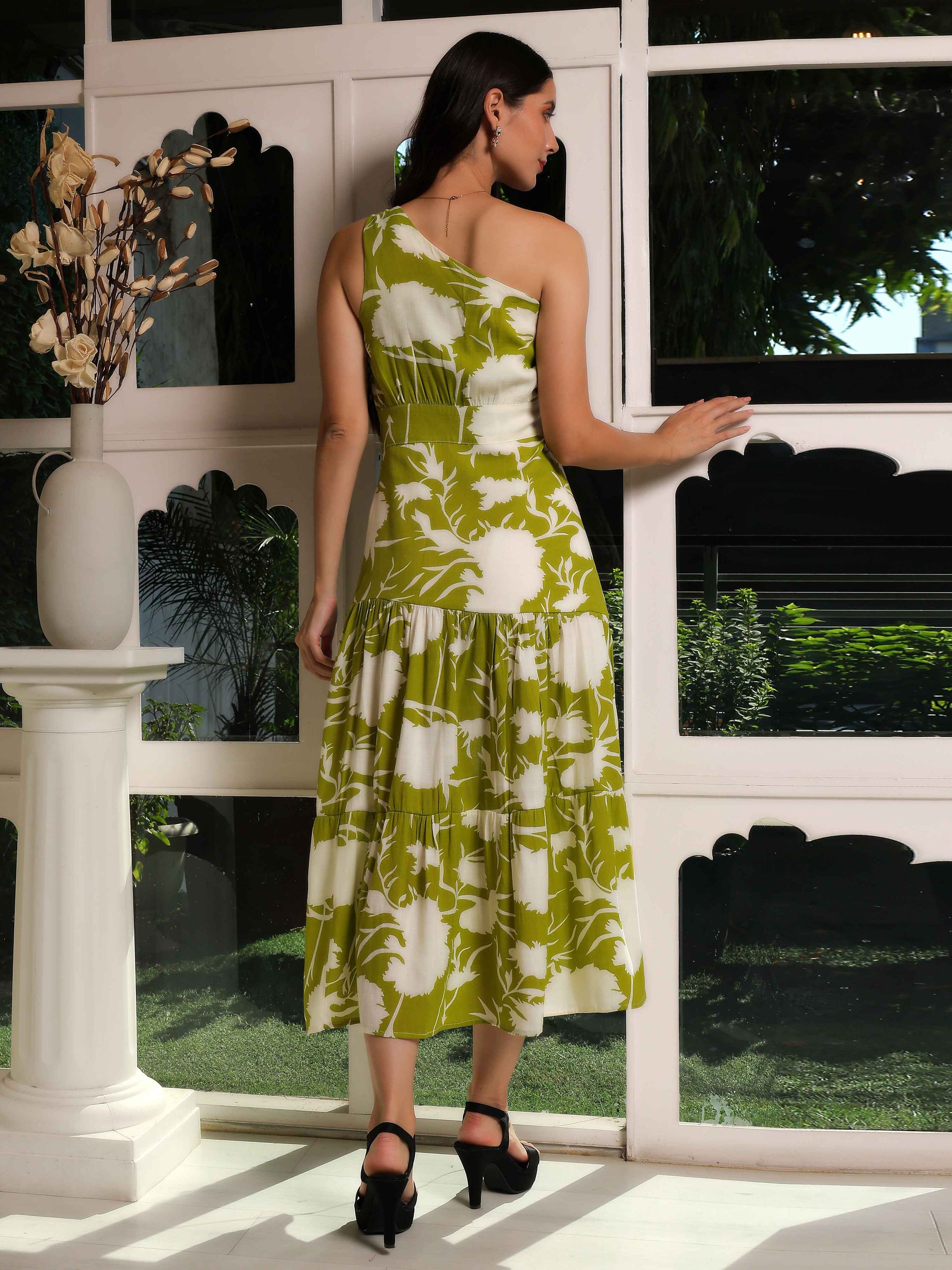 One-Shoulder Botanical Flared Dress - Fabium Fashion