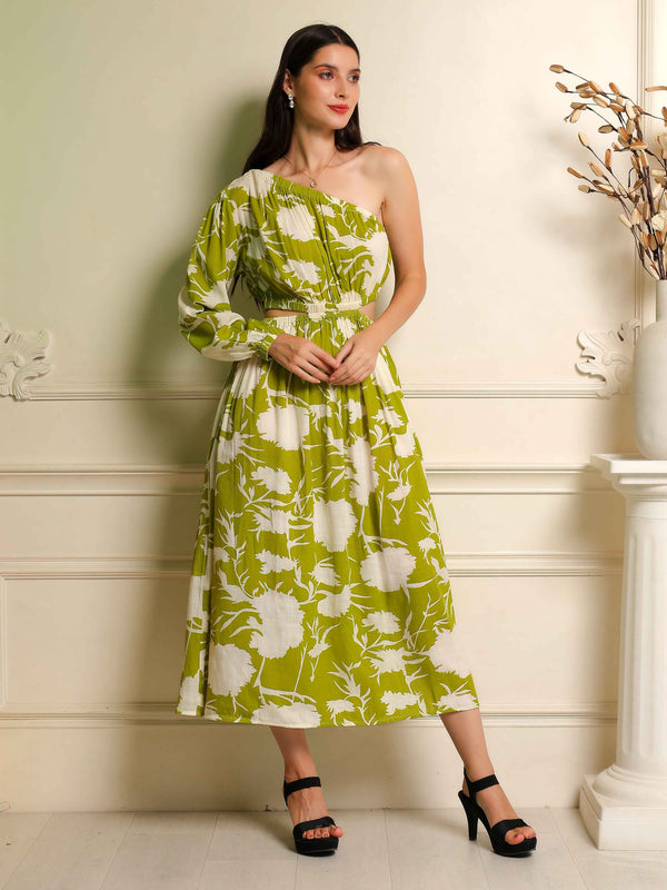 Fabium Elara One-Shoulder Green Floral Midi Dress - Fabium Fashion
