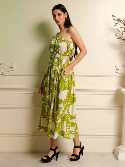 Fabium Elara One-Shoulder Green Floral Midi Dress - Fabium Fashion