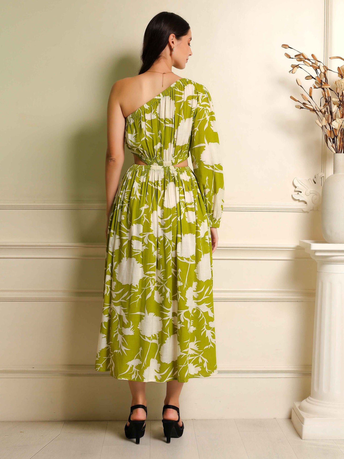 Fabium Elara One-Shoulder Green Floral Midi Dress - Fabium Fashion