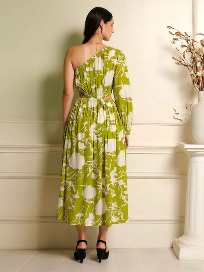 Fabium Elara One-Shoulder Green Floral Midi Dress - Fabium Fashion