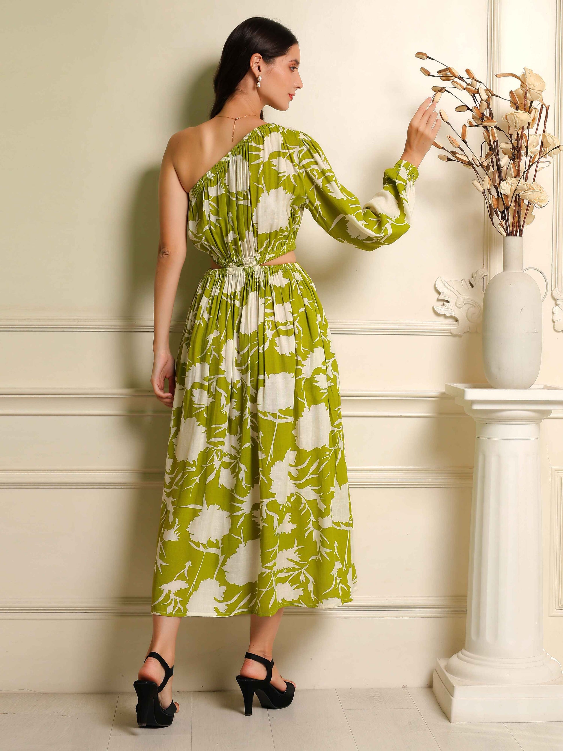 Fabium Elara One-Shoulder Green Floral Midi Dress - Fabium Fashion