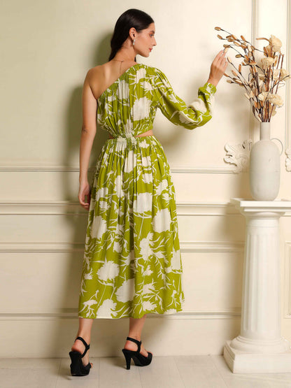 Fabium Elara One-Shoulder Green Floral Midi Dress - Fabium Fashion
