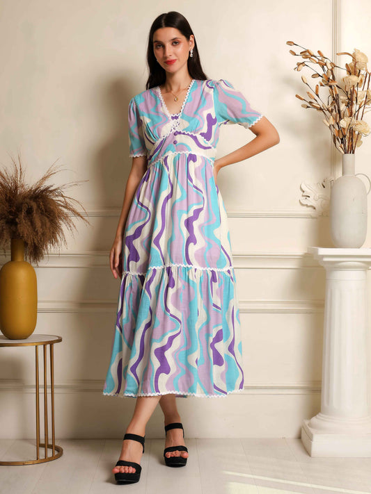 Fabium Azure Wave Printed Midi Dress - Fabium Fashion
