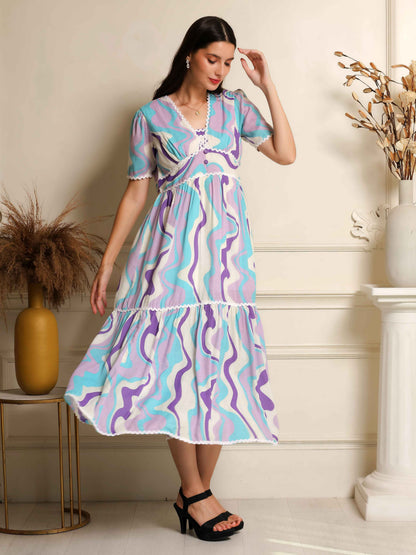 Fabium Azure Wave Printed Midi Dress - Fabium Fashion