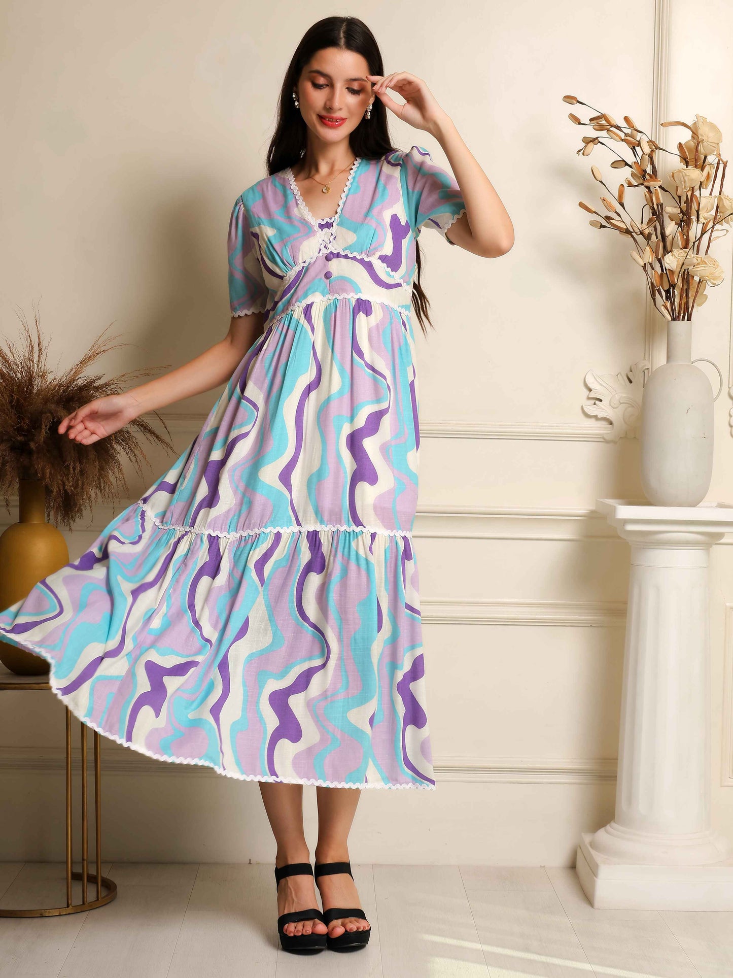 Fabium Azure Wave Printed Midi Dress - Fabium Fashion