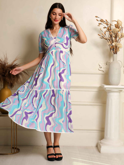 Fabium Azure Wave Printed Midi Dress - Fabium Fashion