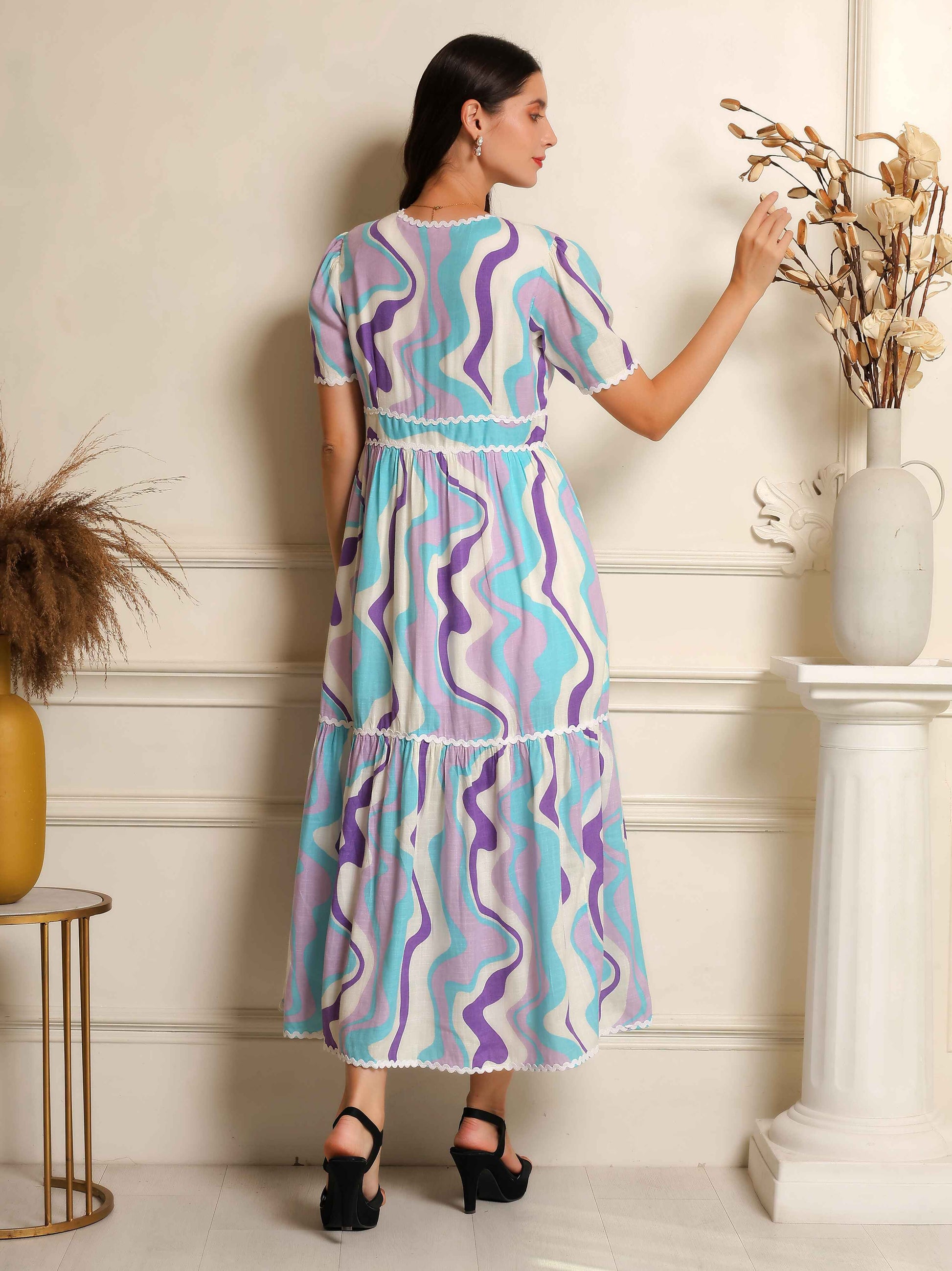 Fabium Azure Wave Printed Midi Dress - Fabium Fashion