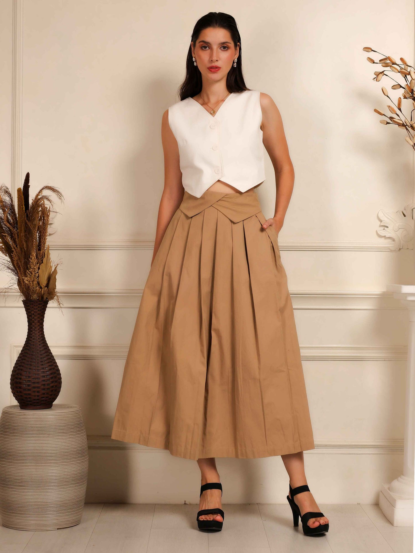 Ivory Sleeveless Waistcoat with Camel Pleated Culotte Pants Co-Ord Set - Fabium Fashion