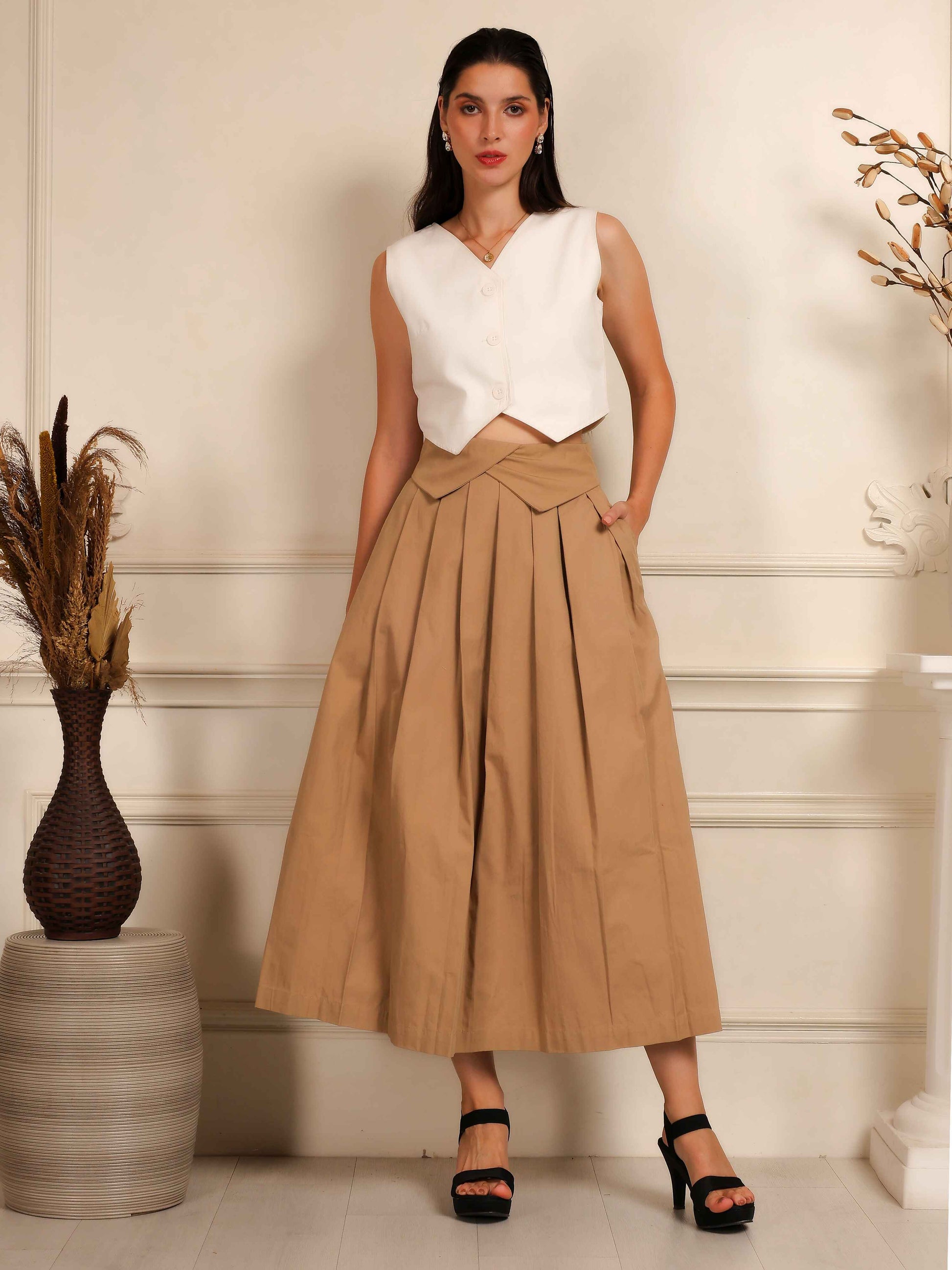 Ivory Sleeveless Waistcoat with Camel Pleated Culotte Pants Co-Ord Set - Fabium Fashion