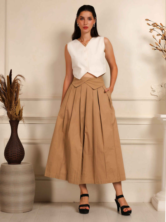 Ivory Sleeveless Waistcoat with Camel Pleated Culotte Pants Co-Ord Set - Fabium Fashion