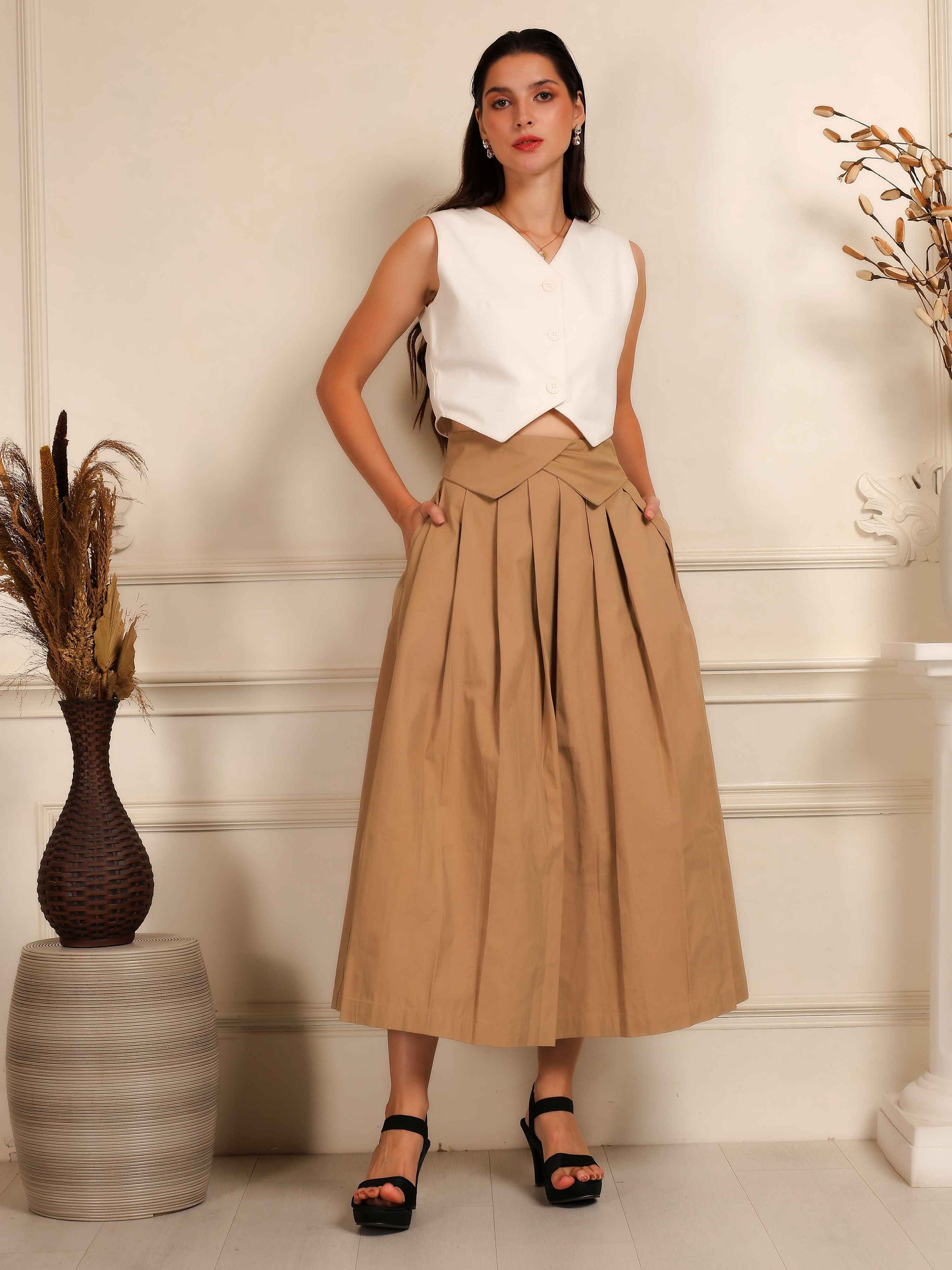 Ivory Sleeveless Waistcoat with Camel Pleated Culotte Pants Co-Ord Set - Fabium Fashion