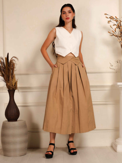Ivory Sleeveless Waistcoat with Camel Pleated Culotte Pants Co-Ord Set - Fabium Fashion