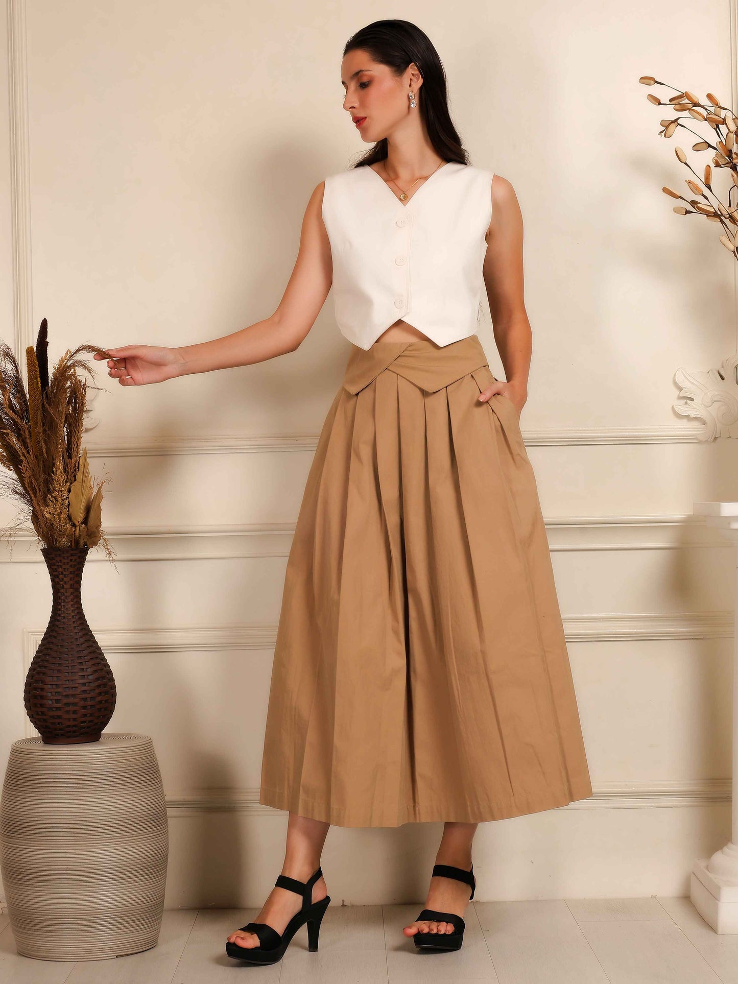 Ivory Sleeveless Waistcoat with Camel Pleated Culotte Pants Co-Ord Set - Fabium Fashion