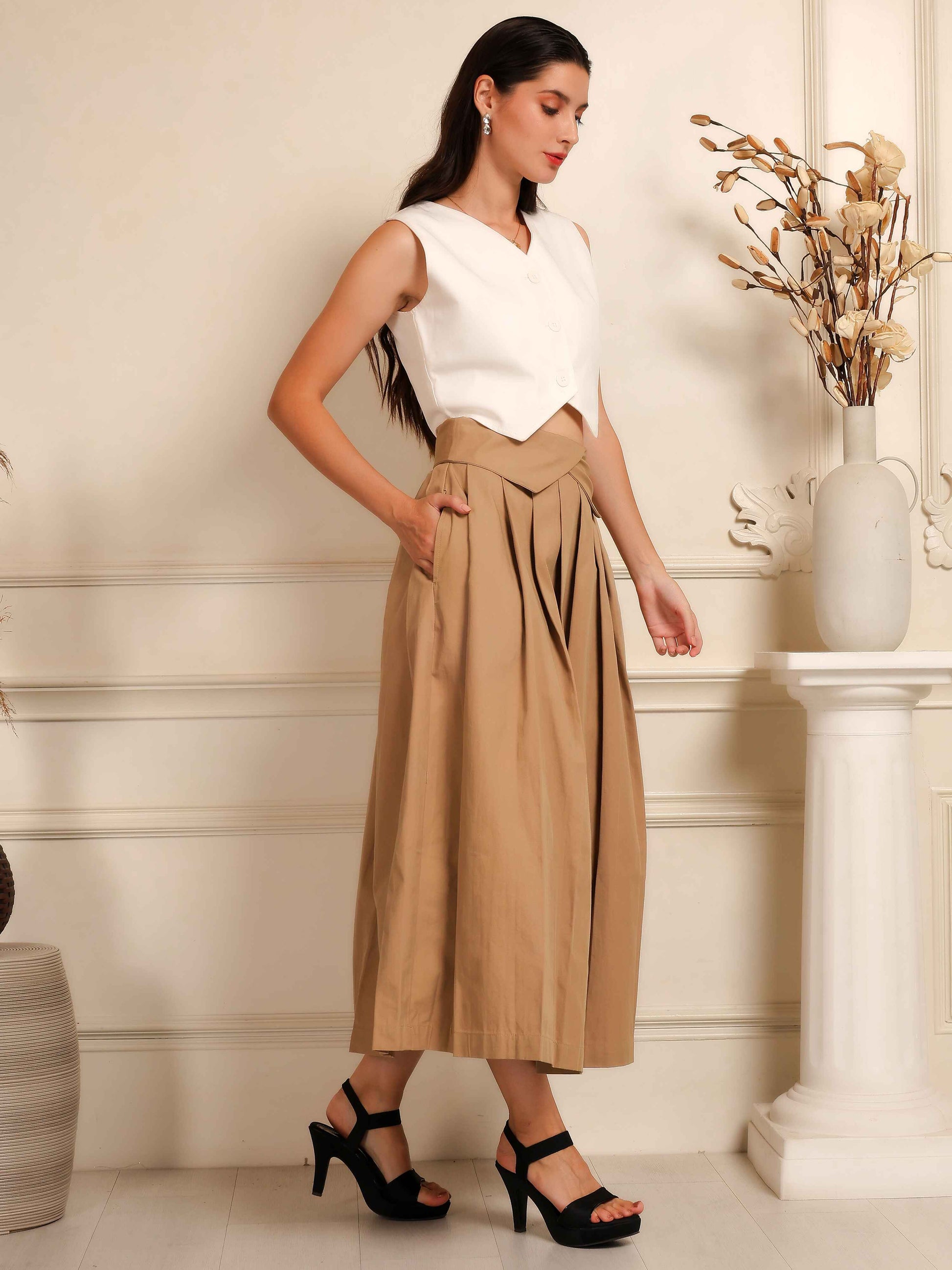 Ivory Sleeveless Waistcoat with Camel Pleated Culotte Pants Co-Ord Set - Fabium Fashion
