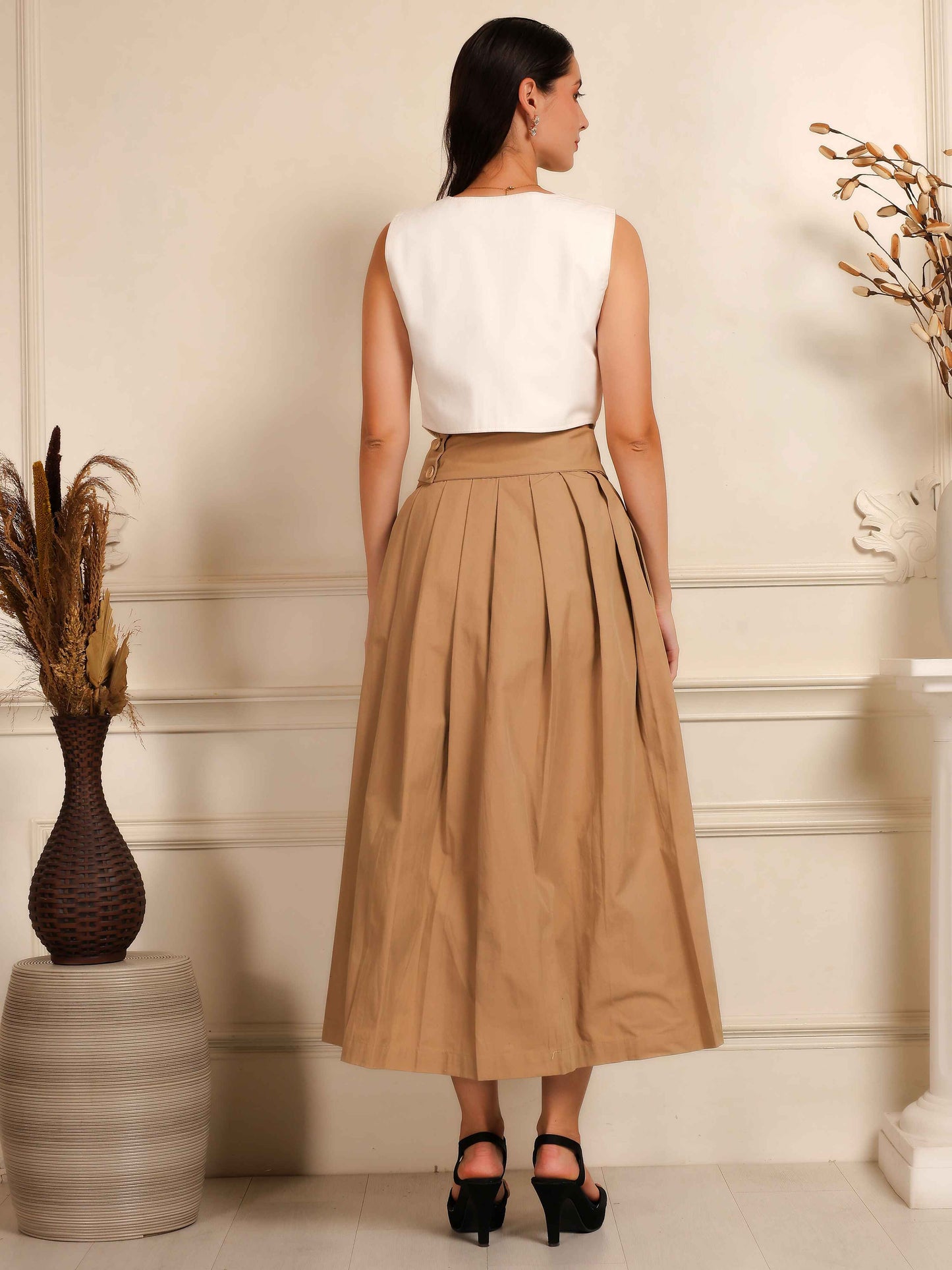 Ivory Sleeveless Waistcoat with Camel Pleated Culotte Pants Co-Ord Set - Fabium Fashion