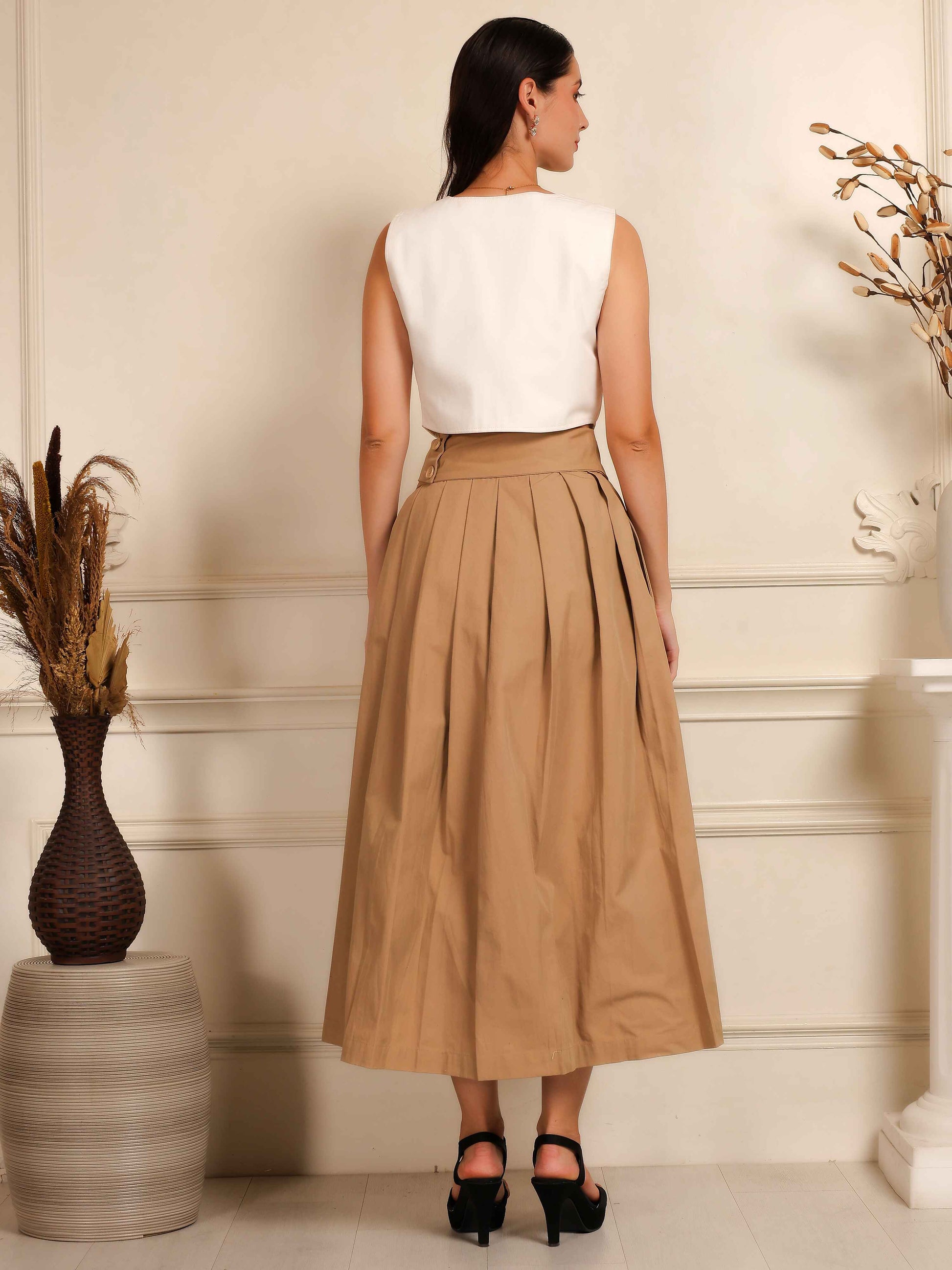 Ivory Sleeveless Waistcoat with Camel Pleated Culotte Pants Co-Ord Set - Fabium Fashion