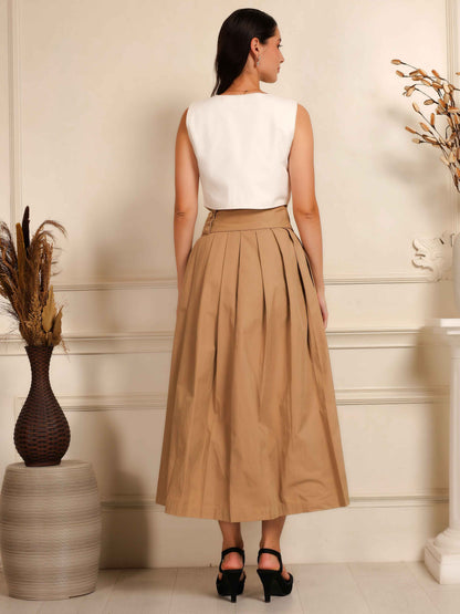 Ivory Sleeveless Waistcoat with Camel Pleated Culotte Pants Co-Ord Set - Fabium Fashion