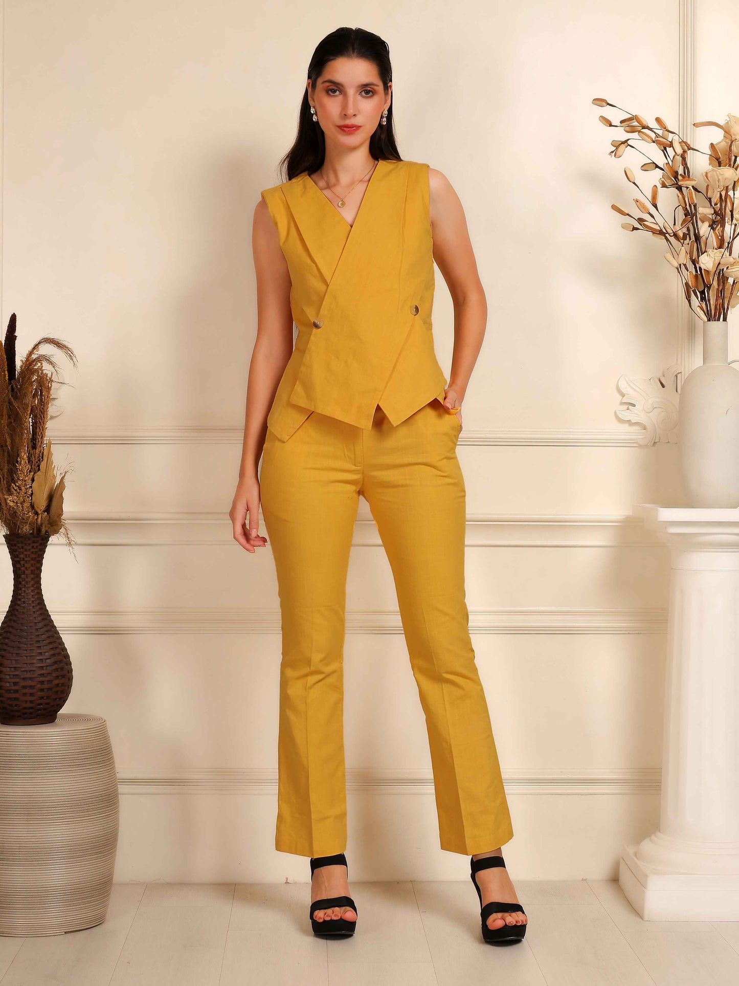 Mustard Yellow Sleeveless Waistcoat & Pant Co-Ord Set for Women - Fabium Fashion